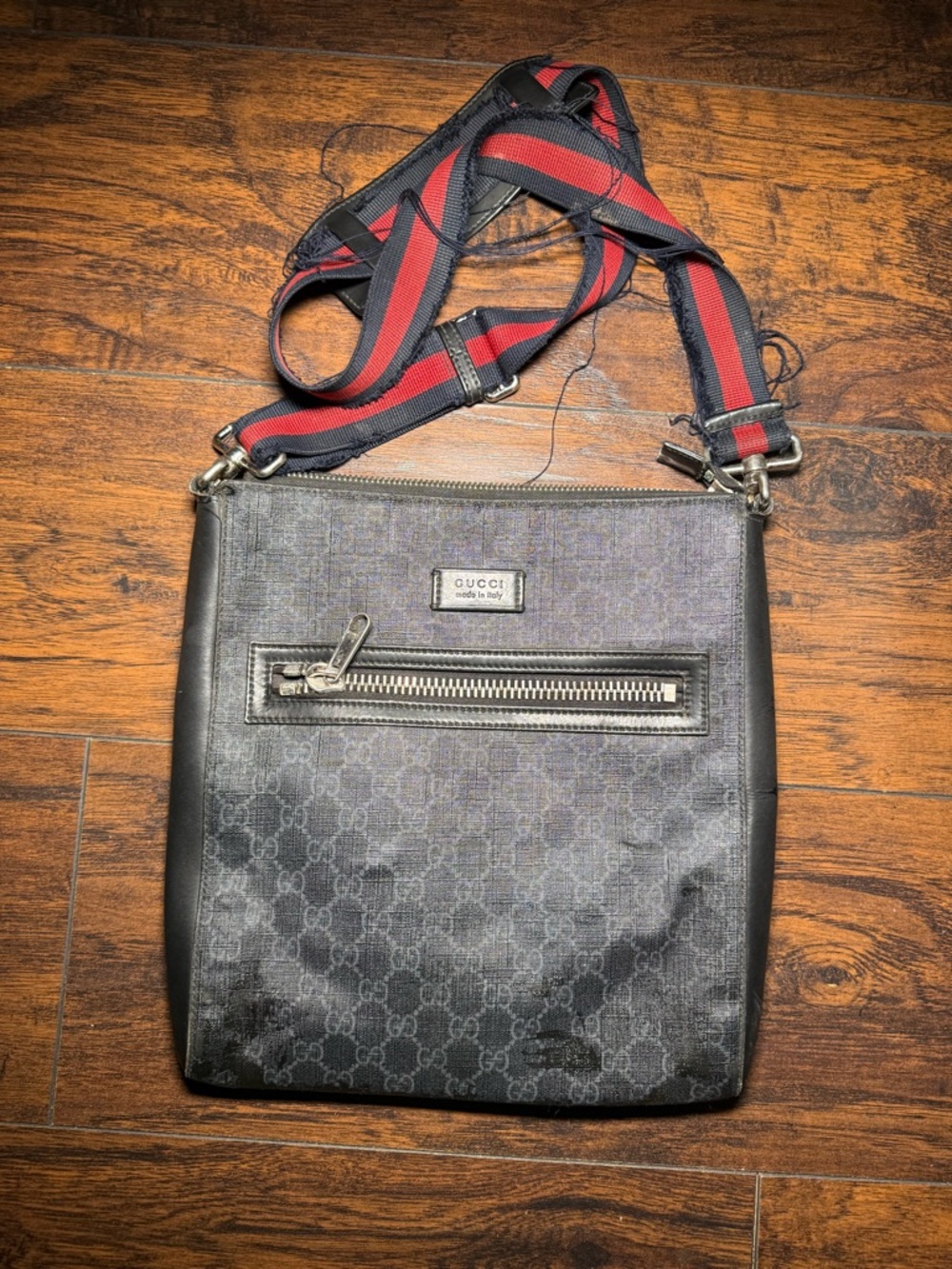 Gucci Black GG Supreme Messenger with Red and Blue Web Strap